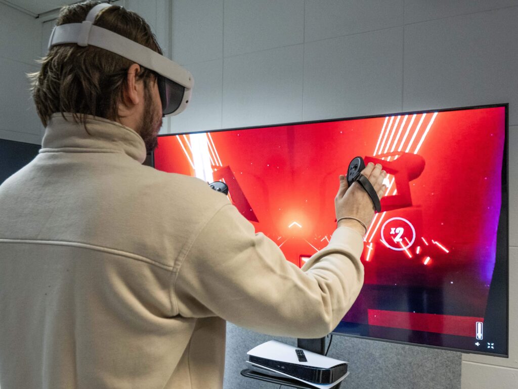 Person wearing a virtual reality headset