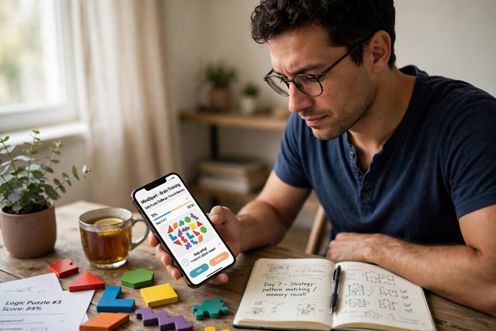 Person using a brain-training app on a smartphone at a desk